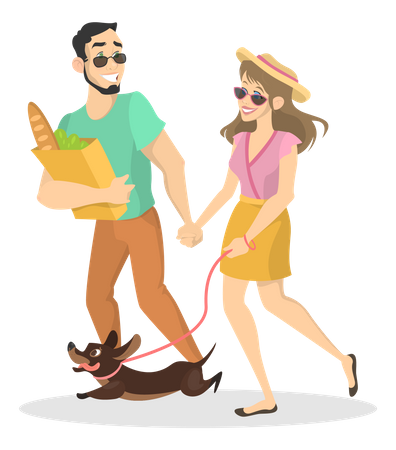 Couple walking with dog  Illustration