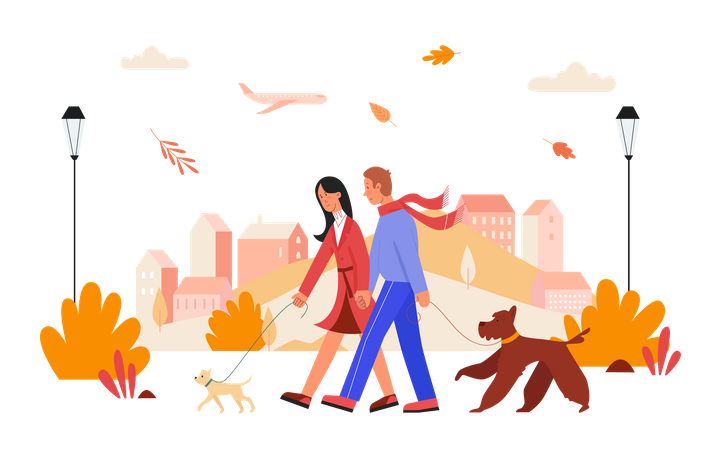 Couple walking with dog in autumn season  Illustration