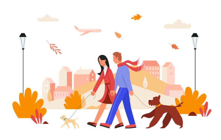 Couple walking with dog in autumn season Illustration