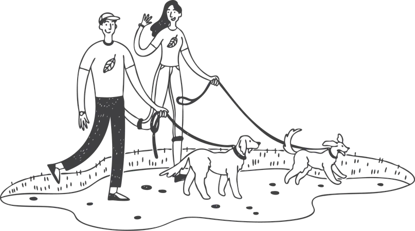 Couple walking with dog in park  Illustration