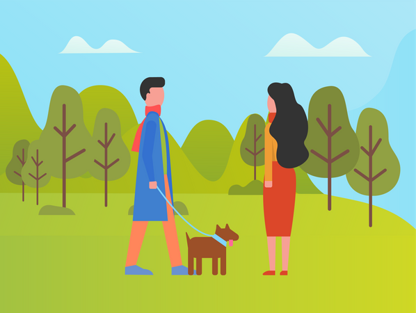 Couple walking with dog in Park  Illustration