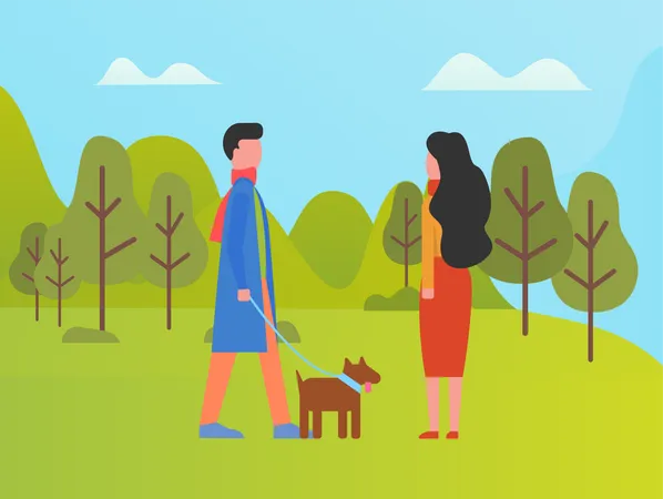Couple walking with dog in Park  Illustration