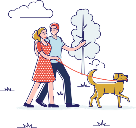Couple walking with dog in the park  Illustration