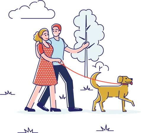 Couple walking with dog in the park Illustration