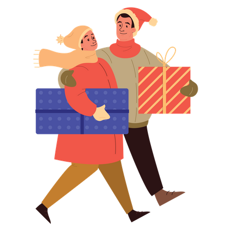 Couple walking with gifts  Illustration