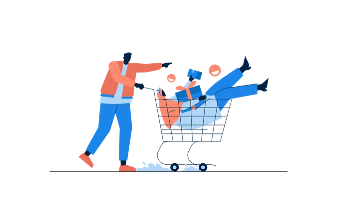 Couple walking with shopping cart  Illustration