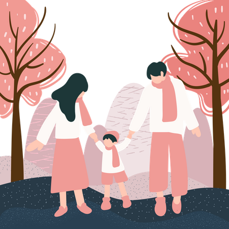 Couple walking with their kid Illustration