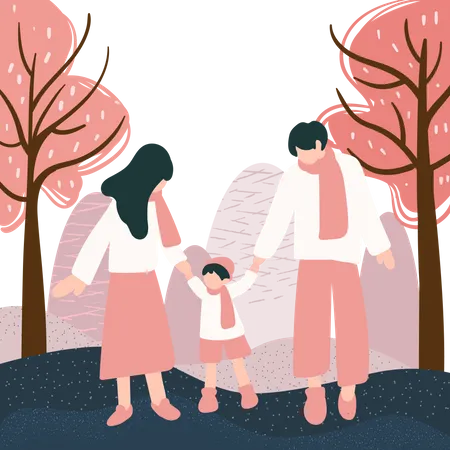 Couple walking with their kid Illustration