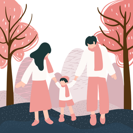 Couple walking with their kid  Illustration