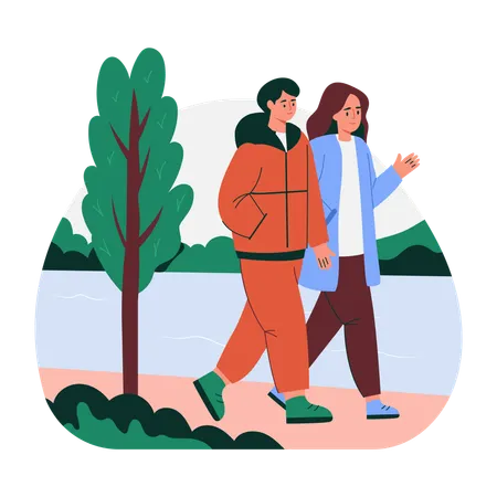 Couple walks in park  Illustration