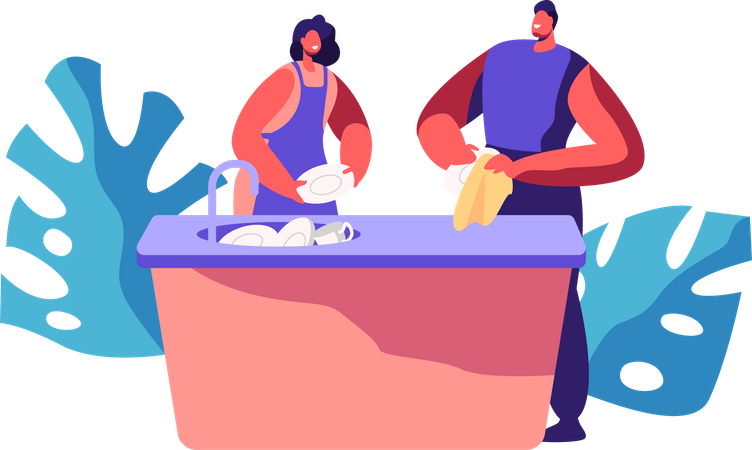 Couple Washing Dish Together at Kitchen  Illustration
