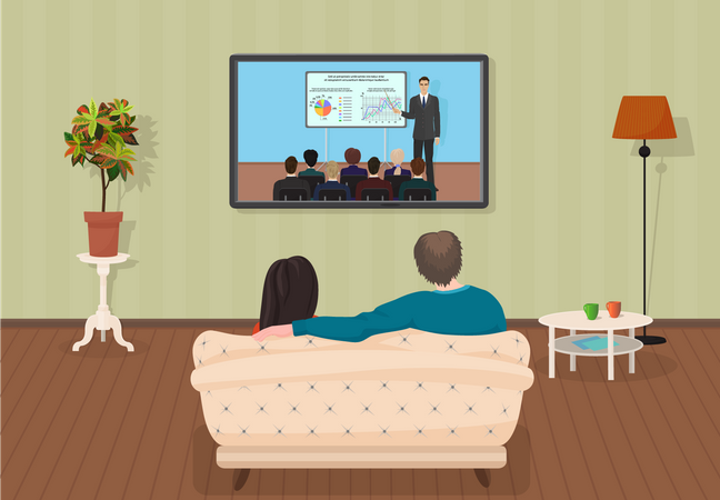 Couple watching business channel at home  Illustration