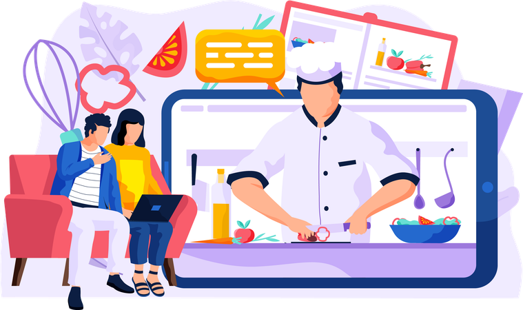 Couple watching food blog on Laptop  Illustration