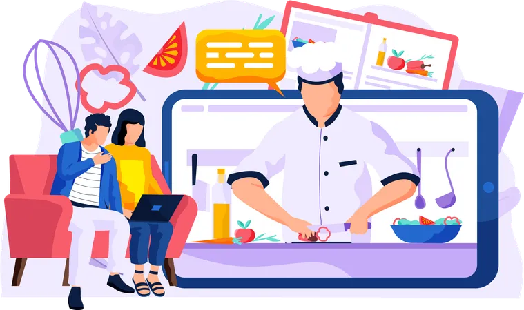 Couple watching food blog on Laptop  Illustration