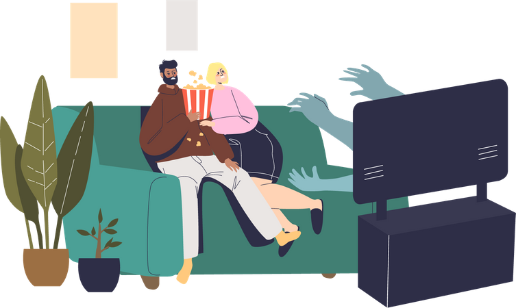 Couple watching horror movie at home Illustration