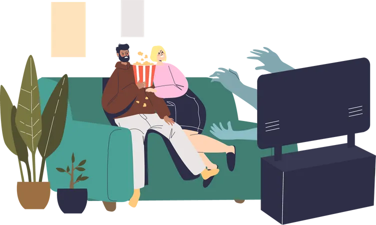 Couple watching horror movie at home  Illustration