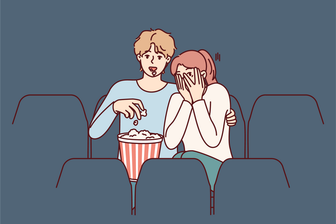 Couple watching horror movie in theatre  Illustration