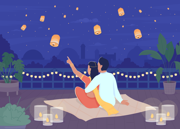 Couple Watching lanterns in sky on Diwali  Illustration