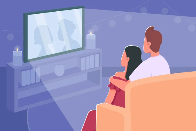 Couple Watch Movie Flat Color Vector Illustration Romantic Date Night At Home Film Marathon For Weekend Cuddling Boyfriend And Girlfriend 2 D Cartoon Characters With Cozy Interior On Background Illustration