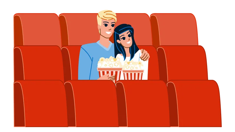 Couple Cinema Vector Movie Theater Watching Audience Young Film Man Woman Lifestyle Spectator Happy Girl Auditorium Couple Cinema Character People Flat Cartoon Illustration Illustration