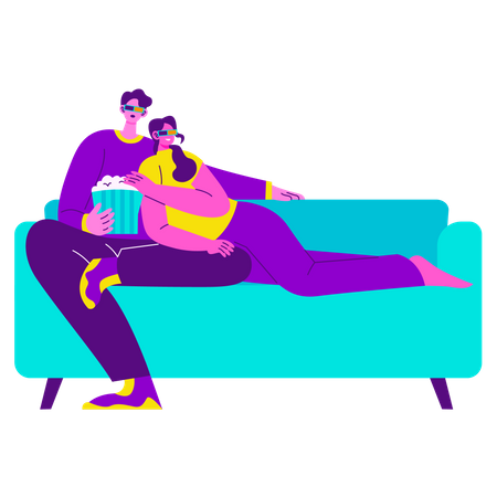 Couple watching movie at home  イラスト