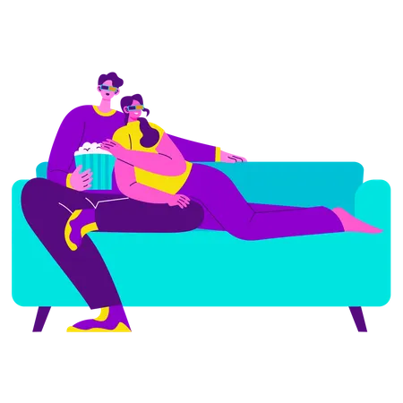 Couple watching movie at home  イラスト