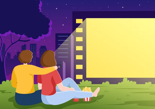 Couple watching movie in open air theater  Illustration