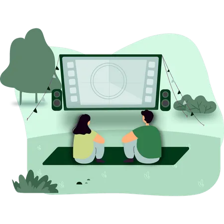 Couple watching movie in open theater Illustration