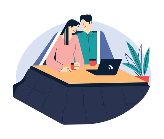 Japanese Man And Woman Couple Watching A Movie On A Laptop Together Husband And Wife Sitting Under Warm Kotatsu Happy Lovers At Home Flat Vector Illustration Illustration