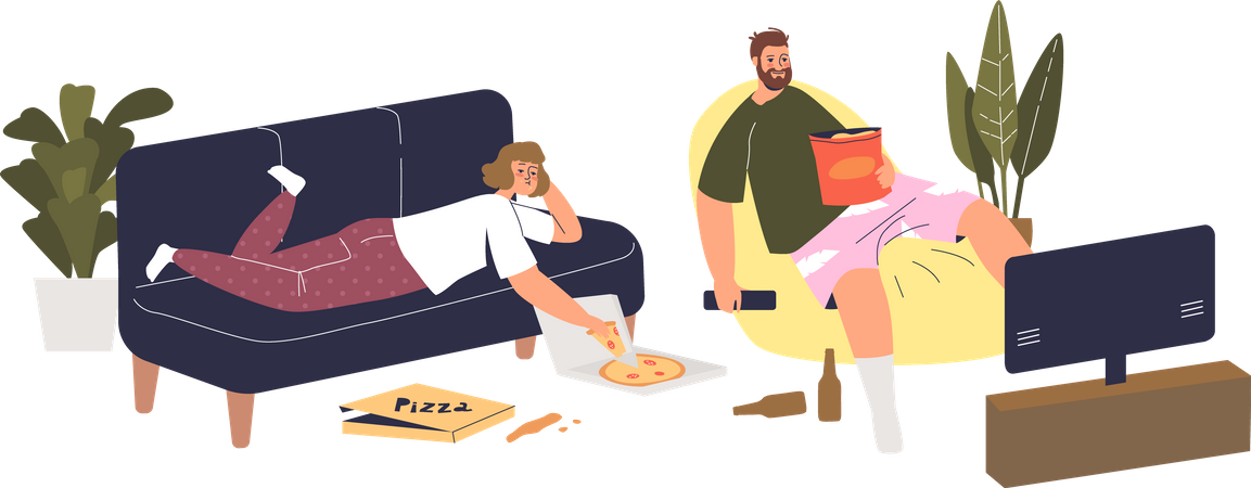 Couple watching movie with eating food Illustration