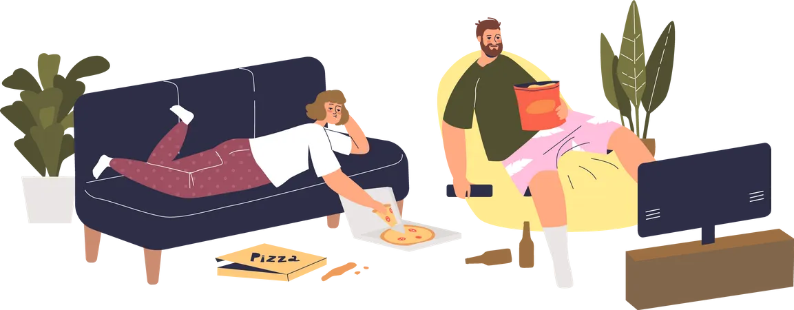 Couple watching movie with eating food  Illustration