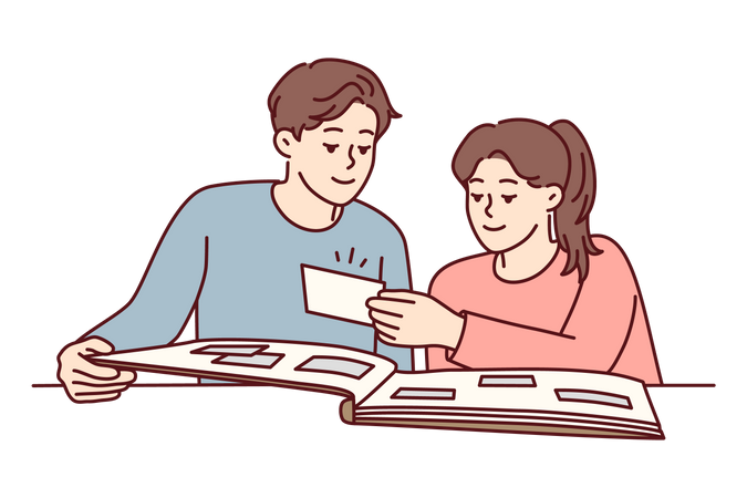 Couple watching photo album  Illustration