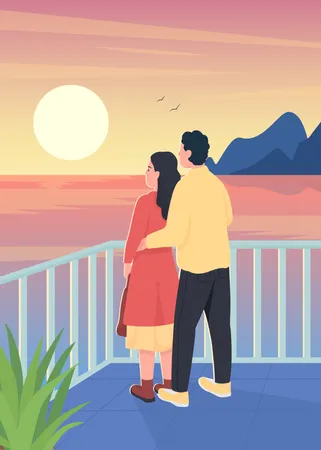 Couple watching romantic sunset  Illustration