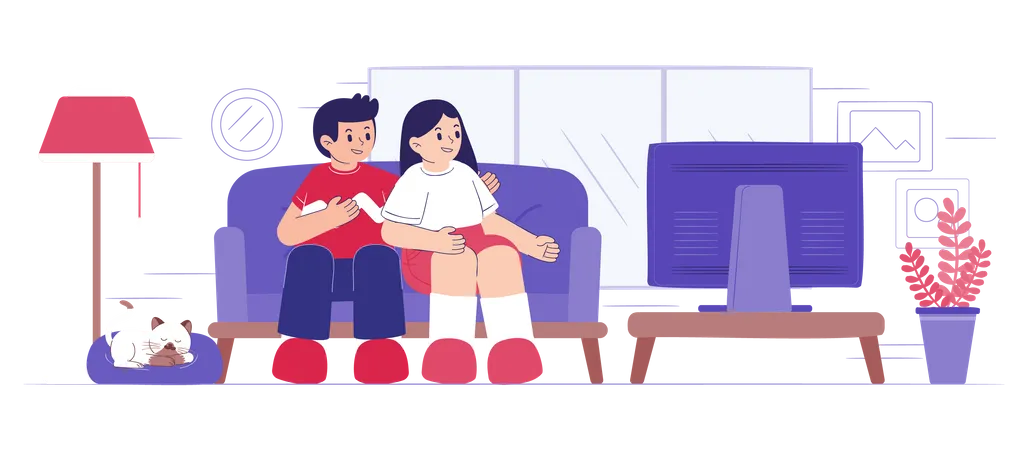 Happy Young Couple Sitting On Sofa And Enjoy To Watching Television At Home In Cartoon Character Vector Illustration イラスト
