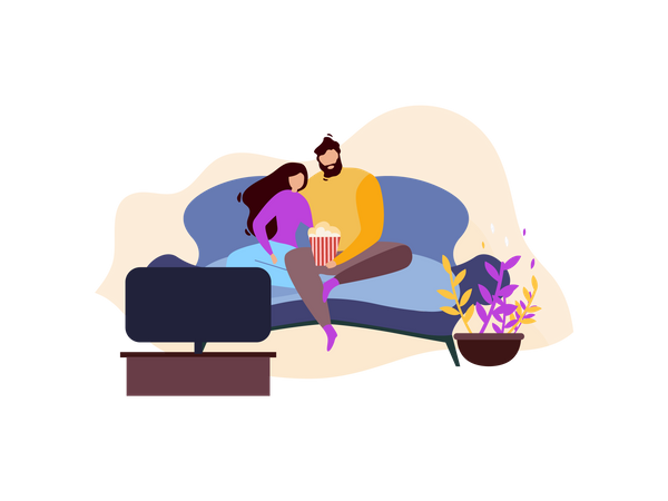 Couple watching television while seating on sofa and eating popcorn Illustration