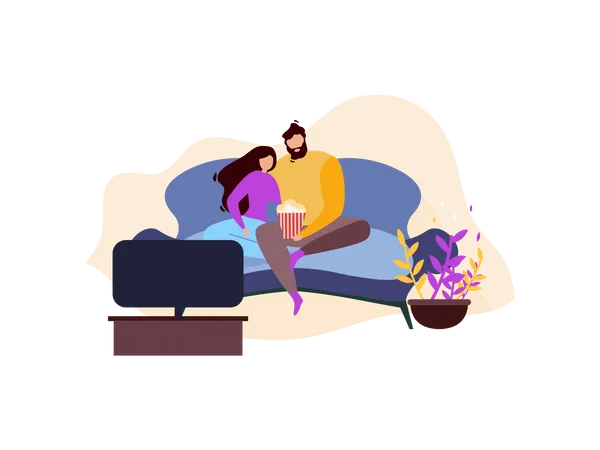 Couple watching television while seating on sofa and eating popcorn  Illustration