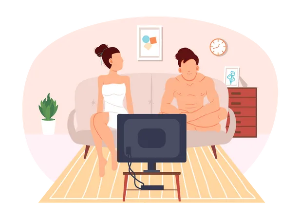 Couple watching TV after taking bath  Illustration