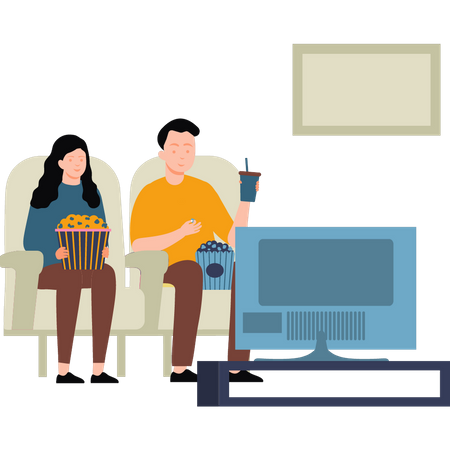 Couple watching TV and popcorn Illustration