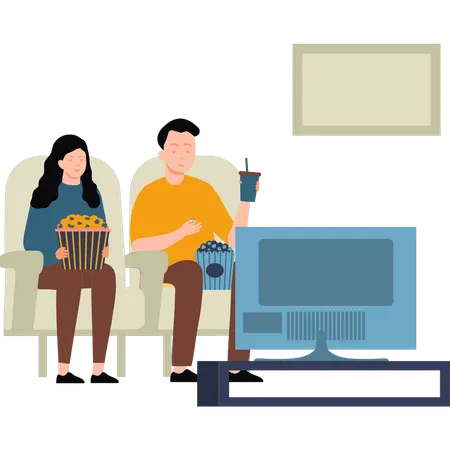 Couple watching TV and popcorn Illustration