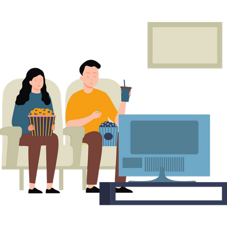 Couple watching TV and popcorn  Illustration