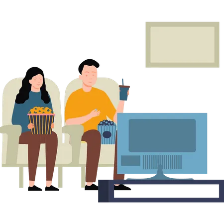 Couple watching TV and popcorn  Illustration