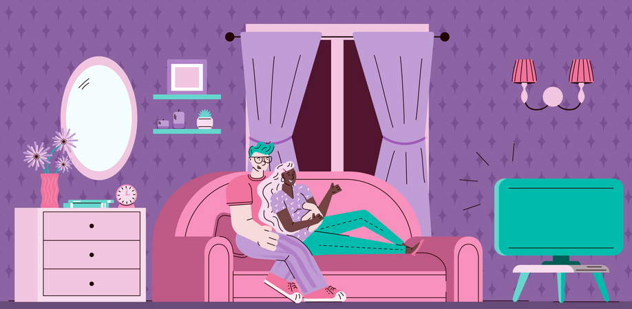 Couple watching TV on sofa  Illustration