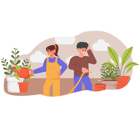 Couple watering home plants Illustration