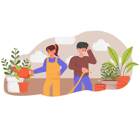 Couple watering home plants Illustration