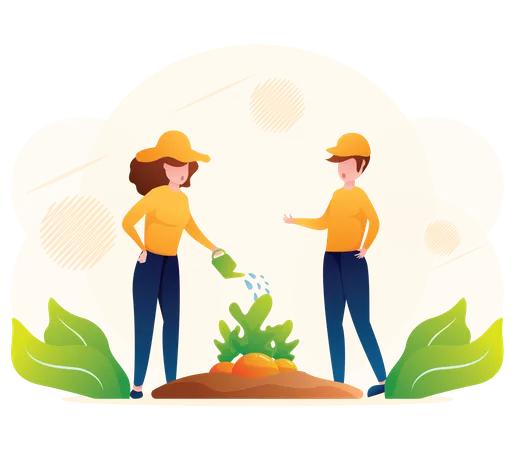 Couple watering plant  Illustration