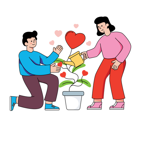 Couple watering plants together  Illustration