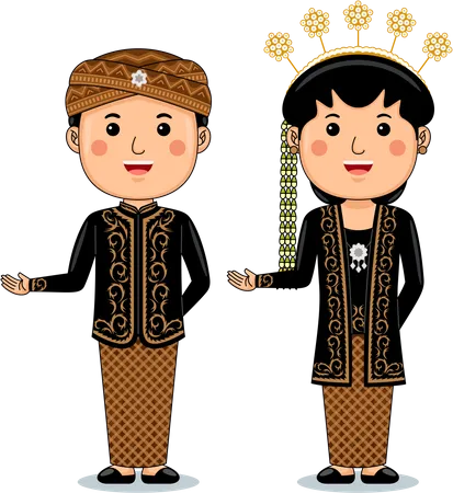 Couple Wear Central Java Traditional Clothes Illustration