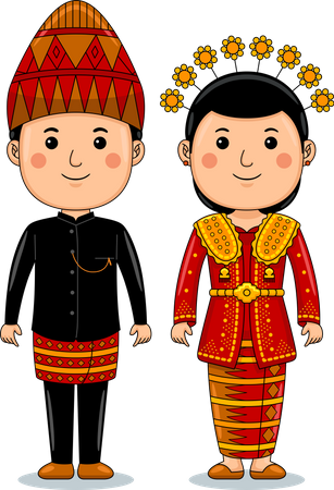 Couple wear Bengkulu Sumatra Traditional Clothes Illustration