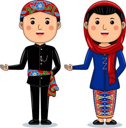 ジャカルタの伝統衣装を着るカップル イラスト