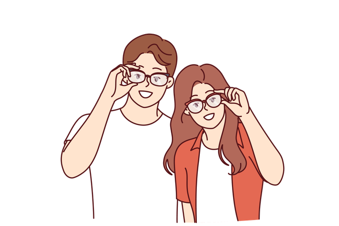 Couple wear eyeglasses to correct eye vision  Illustration